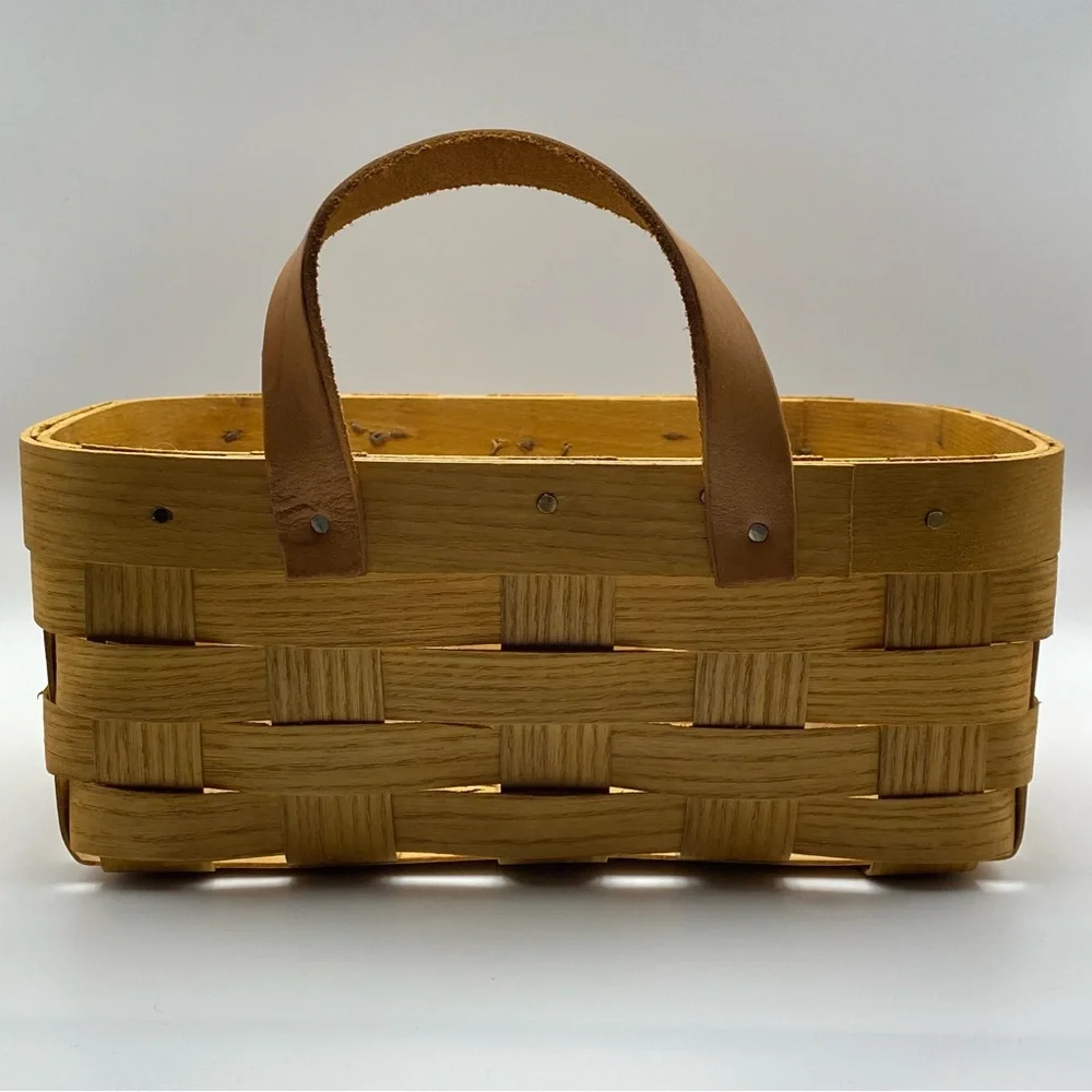 Peterboro Basket Co White Ash Woven Basket w/ Leather Handle 9.25” x 5.75” x 4”